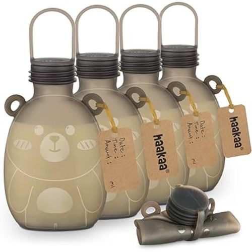 Haakaa Happii Bear Silicone Breast Milk Storage Bag-Refillable Baby Food Squeeze Pouch for Yogurt Puree -Reusable Milk Freezer Bag - Portable & No Leak BPA Free -9 oz 5PK