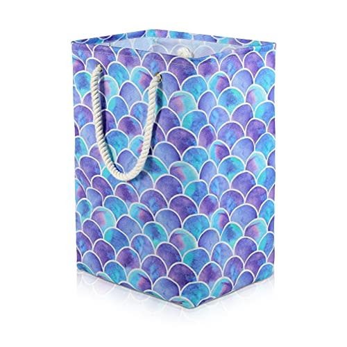 Mermaid Laundry Hamper, 78L Large Collapsible Tall Laundry Basket Waterproof Dirty Clothes Bag with Cotton Ropes Handles Washing Storage Bin for Clothes, Toys, Nursery, Bedroom, Bathroom, College
