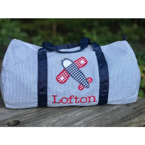 Personalized Airplane Applique Navy Seersucker Duffle Barrel Bag, Children's Travel Bag, Sports, Sleepovers, Daycare, Weekend Overnight Bag