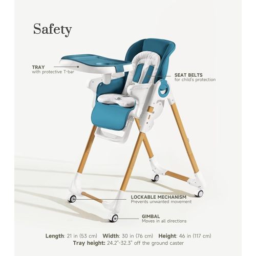 Convertible High Chairs for Babies and Toddlers, Height Adjustable Baby High Chair, High Chair with Removable Tray, Adjustable Backrest and Pedal, Portable Baby Dinning Chair with Lockable Wheels - Sea Blue