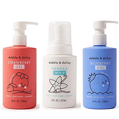 Dabble & Dollop USA Bundle, 3-in-1 Natural Bubble Bath, Body Wash & Shampoo for Kids, USA-Made, Paraben & Sulfate Free, Vegan, Tear-Free, Strawberry, Vanilla & Blueberry (Set of 3)
