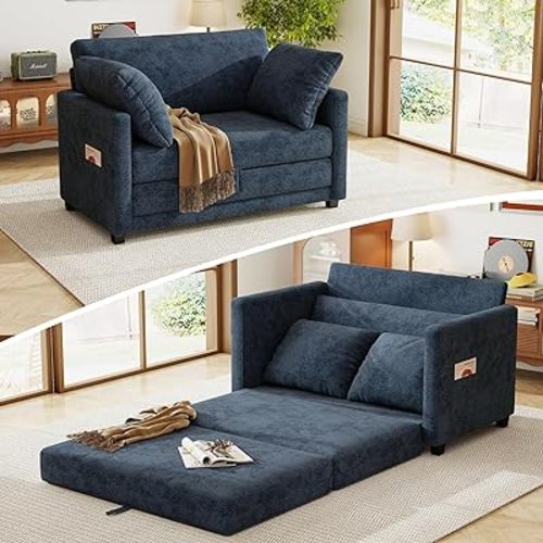 51" Loveseat Sleeper Sofa Bed, Chenille Convertible Floor Sofa Bed for Small Spaces, Folding Couch Bed with Deep Seat, 2 Pillows & Solid Frame, Pull Out Floor Couch for Living Room, Blue
