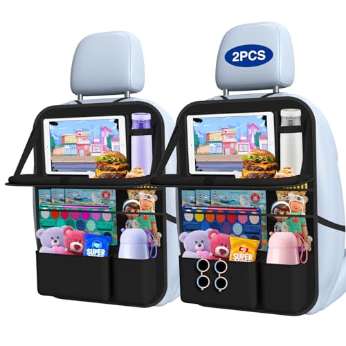 Oneyus Car Backseat Organizer with Table Tray((2-Pack)) 9 Storage Pockets Backseat Car Organizer and storage with Tablet Holder, Kick Mats Back Seat Cover for Kids family Road Trip Essentials Travel