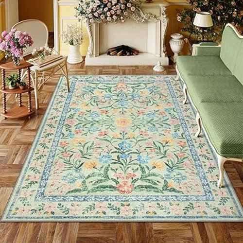 Lahome Boho Sage Green 6x9 Bedroom Rugs, Washable Rugs for Living Room, Soft Wool Carpet for Nursery, Vintage Low Pile Carpet for Kids Playroom Girls, Tea Green