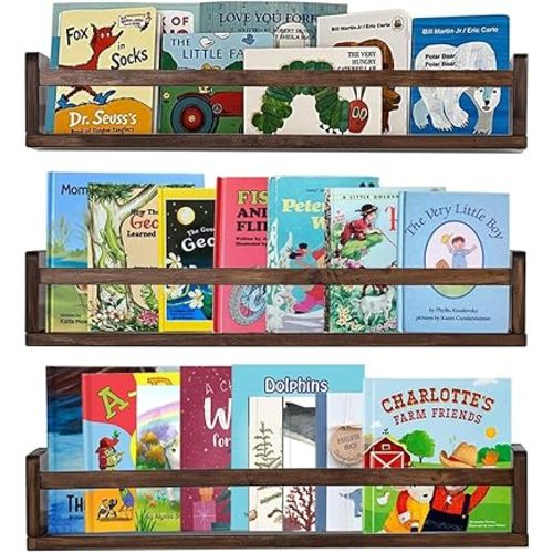 AZSKY Nursery Book Shelves 24 Inch Deep Walnut Floating Bookshelf for Kids Room Wall Mounted Floating Shelves Solid Nursery Bookshelf Perfect Decor for Kitchen Bedroom Living Room Set of 3