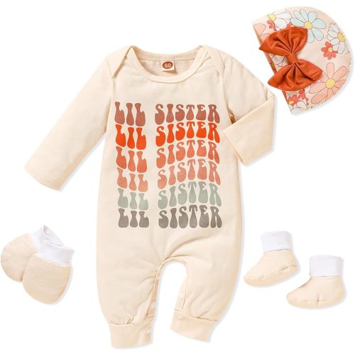 Newborn Baby Girl Romper Infant Letter Print Bodysuit Jumpsuit+Hat+Gloves+Socks 4Pcs Coming Home Clothes Outfit