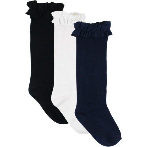 RuffleButts® Girls 3-Pack Knee High Socks with Ruffles - 6-12 Months - White/Navy/Black