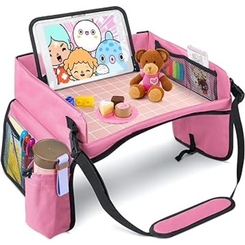 BUENAVO [New Version] Car Seat Organizer Kids Travel Tray for Kids Toddlers Activities in Car Seat, Stroller, Airplane | Waterproof Dry Erase Top | Side Pocket & Water Bottle Holder