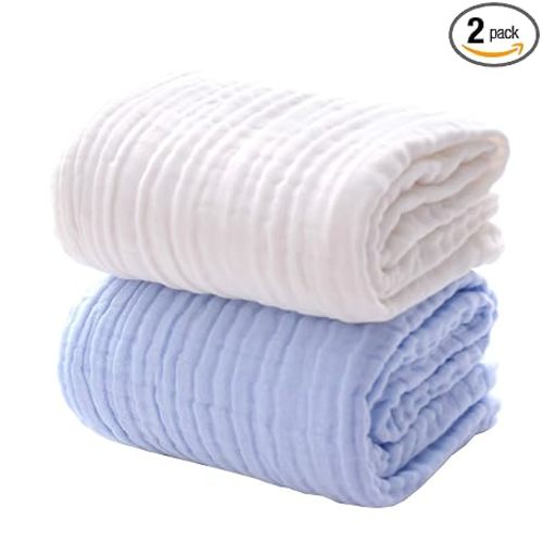 MUKIN Baby Bath Towels, Super Soft Cotton Receiving Blanket for Baby's Delicate Skin,2Pack Swaddle Blanket for Newborns Toddlers Boy Girl,Baby Registry as Shower (White+Blue)