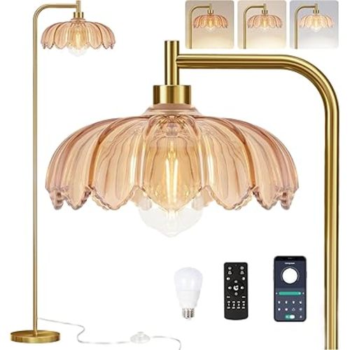 Brass Dimmable Floor Lamp Gold Glass,Tall Lamp Mid Century Modern Retro Standing Lamp with Remote Green Floor Light Lamp Boho Vintage Bohemian Bedroom