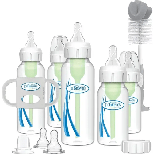 Dr. Brown's Natural Flow Anti-Colic Options + Narrow Bottle to Sippy Gift Set with Soft Silicone Sippy Spout, Removable Silicone Handles, Travel Cap and Bottle Brush