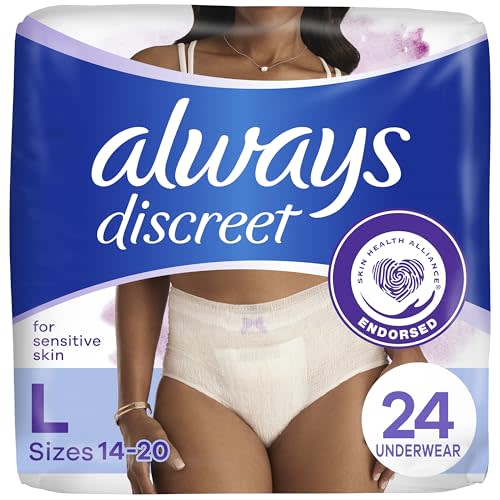 Always Discreet for Sensitive Skin Underwear, Four Times Skin Protection, Dermatologically Tested, Fragrance-Free, Maximum Absorbency, L, 24 Count (Packaging May Vary)