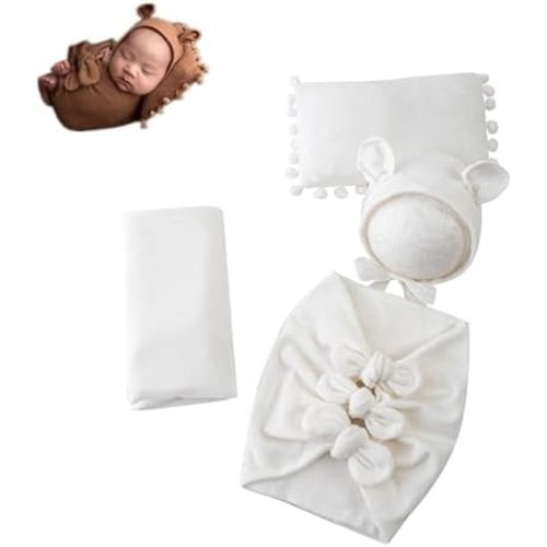 Coberllus Newborn Baby Photography Props Bonnet Hat, Bow Wrap, Stretch Fabric Blanket and Posing Pad Photo Shoot Prop
