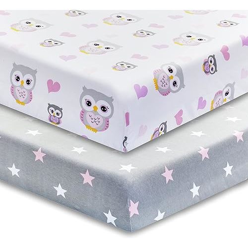 2 Pack Fitted Crib Sheets for Girls in 100% Jersey Knit Cotton – Girl’s Crib Mattress Sheets with a Nature Theme of Owls with Purple and Pink Hearts and a Gray Sheet with Pink Hearts by Everyday Kids