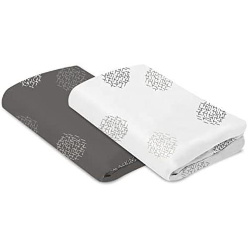 4moms Breeze Playard Sheets, for Baby Bassinets and Furniture, Machine Washable and 100% Cotton, White & Grey, 2 Pack