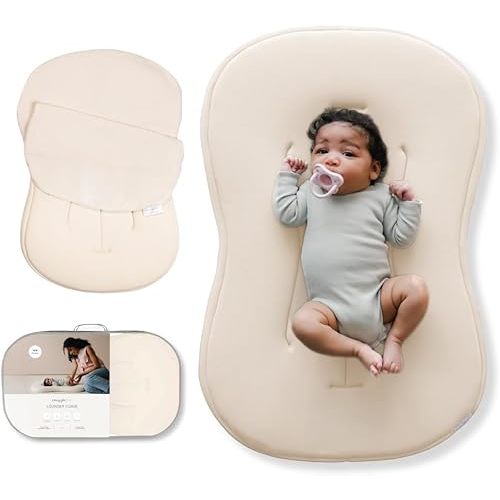 Snuggle Me® Baby Lounger Curve (0-6 Months) - Premium Organic Cotton with Foam Core, Machine-Washable Cover, Buttery-Soft & Breathable Infant Lounger with Travel Bag (30 in x 20 in x 1.9 in) - Natural