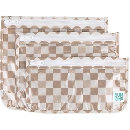 Bumkins Travel Bag, Toiletry, TSA Approved Pouch, Zip Bag, Quart Size Airline Compliant, Clear-Sided, Baby, Diaper Bag Organization, Makeup, Accessories, Packing, Set of 3 Sizes, Sand Check