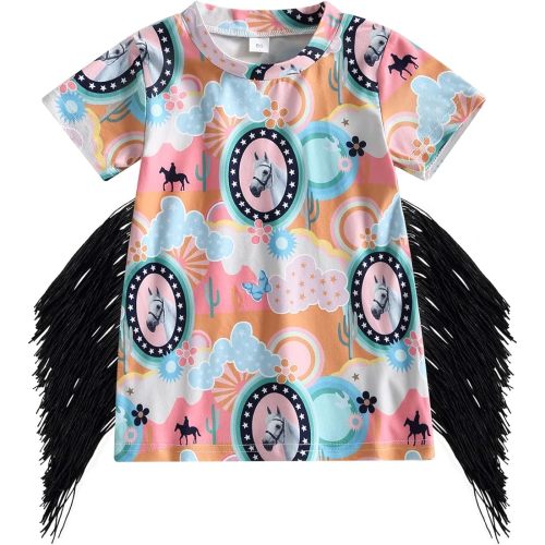 Gueuusu Toddler Baby Girl Western Dress Cow Print T Shirt Dress Boho Short Sleeve Fringe Dresses Kids Summer Clothes