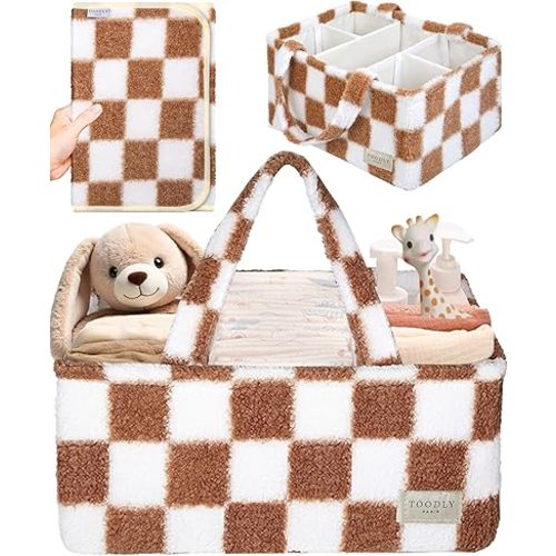 Checkered Diaper Caddy Organizer with Portable Changing Mat - Teddy Fleece Diaper Organizer for Changing Table - Caddy Organizer with Removable Dividers - Light Taupe and White