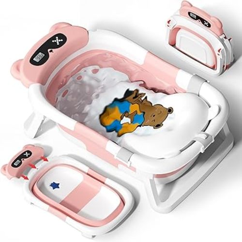 AVIDOR Baby Bathtub,Collapsible Bathtub for Newborn to Toddler,Durable Essential Infant Bath Tub,Portable Travel Baby Tub with Soft Cushion,No-Slip Hanging and Detachable(Pink)