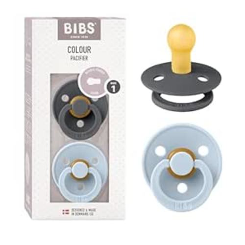 BIBS Pacifiers | Natural Rubber Baby Pacifier | Set of 2 BPA-Free Soothers | Made in Denmark | Baby Blue/Iron | Size 0-6 Months