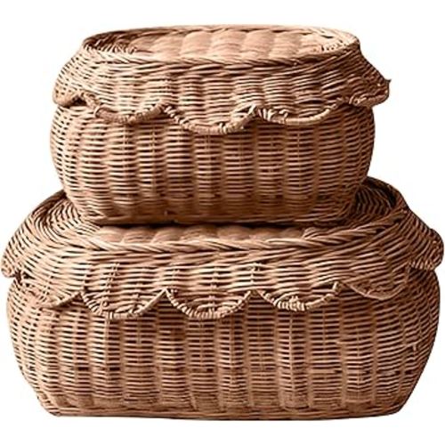 Small Basket Set of 2, Hand Woven Scallop Rattan Baskets - Storage Basket with Lid, Nursery Storage, Scalloped Edge Basket, Scalloped Wicker Basket, Home Decor for any room 15 x 10 x 6