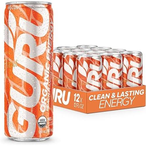 GURU Peach Mango Punch Organic Energy Drinks, Clean Energy Drink with Plant Based Natural Caffeine from Green Tea + Focus with CognatIQ, Gluten Free and Vegan, Pre Workout, 12oz (Pack of 12)