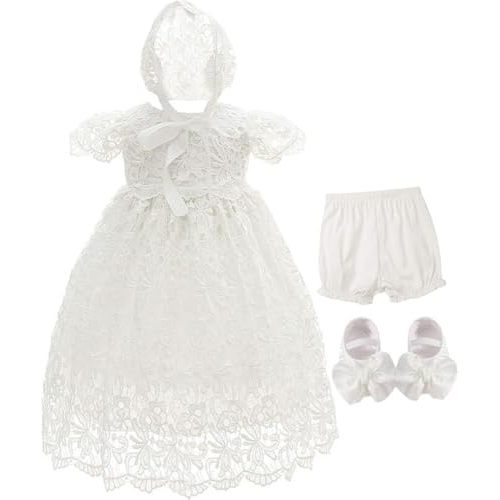 Bow Dream Baby Girls 4 Pcs Gown and Bonnet Christening Baptism Dress Lace Baby Dress