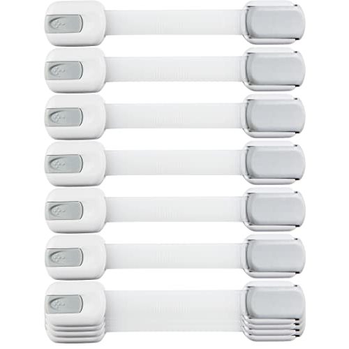 Child Safety Strap Locks (10 Pack) Baby Locks for Cabinets and Drawers, Toilet, Fridge & More. 3M Adhesive Pads. Easy Installation, No Drilling Required, White/Gray