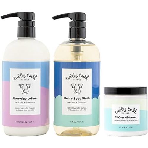 TUBBY TODD 3-Step Baby Bath & Skincare Routine - The Regulars Bundle - Baby Shampoo and Body Wash, Everyday Lotion & All Over Ointment - Full Size Lavender Rosemary