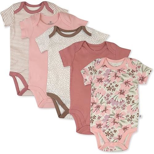 HonestBaby Baby Girls' Short Sleeve One-Piece 100% Organic Cotton Bodysuits (5 Pack)