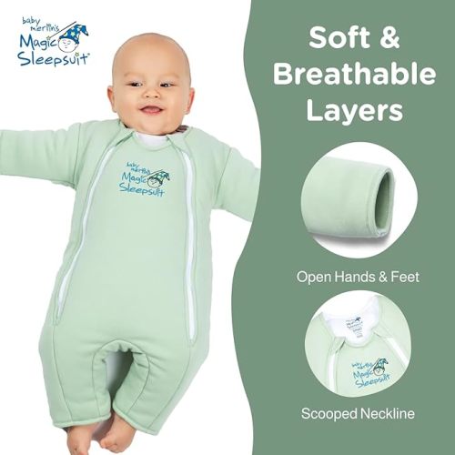 Baby Merlin's Magic Sleepsuit - 100% Cotton Baby Transition Swaddle Sleep Suit for Infants 6-9 Months - Baby Sleepsuit with Double Zipper for Easy Diaper Changes and Scooped Neckline - Sage Green