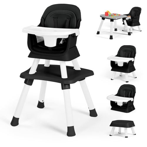 Kinder King Baby High Chair, 8 in 1 Coverts to Dining Booster Seat, Kids Table & Chair Set,Toddler Building Block Table, Removable Tray & Double Seat Cover, Easy to Wipe, Black & White