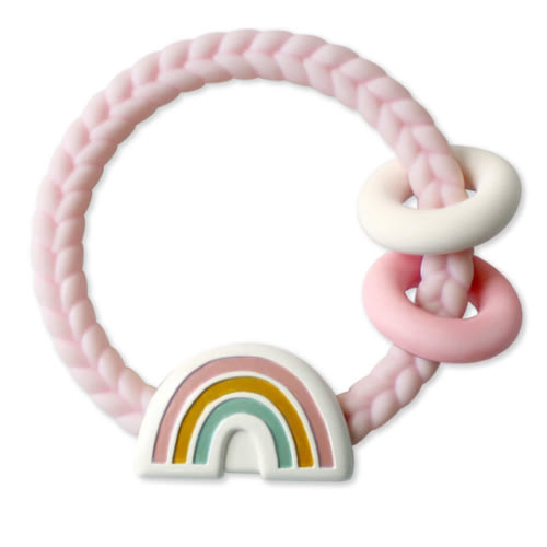 Itzy Ritzy Silicone Teether with Rattle; Rattle Teether Features Rattling Sound, Two Silicone Teething Rings and Raised Texture to Soothe Gums; Ages 3 Months and Up (Pink Rainbow)