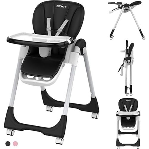 Baby High Chair with 4 Wheels for Babies & Toddlers,for 6 Months-6 Years,Up to 110 LBs/50kg,Removable Dishwasher Meal Tray,Adjustable Backrest Footrest Tray Positions Seat Heights (Black)