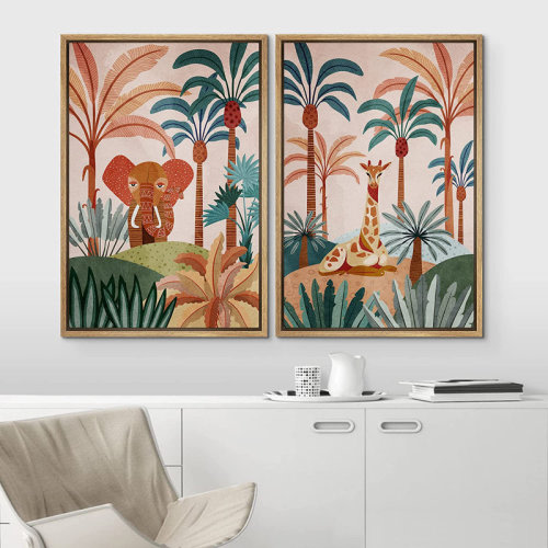 IDEA4WALL Bright Preppy Animals Elephant and Giraffe in Tropical Jungle Safari Nature - 2 Piece Floater Frame Graphic Art Set on Canvas | Wayfair