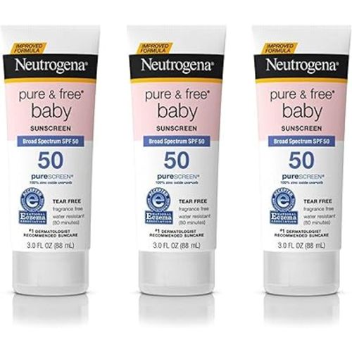 Neutrogena Pure & Free Baby Mineral Sunscreen Lotion with Broad Spectrum SPF 50 & Zinc Oxide, Water-Resistant, Hypoallergenic & Tear-Free Baby Sunscreen, Paraben-Free, Dye-Free, 3 fl. oz (Pack of 3)