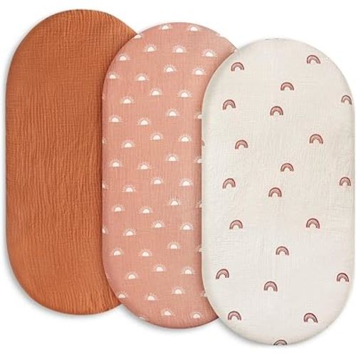 Gllquen Baby Muslin Bassinet Sheets 3 Pack, Breathable Elastic Cozy Fitted Cotton Bassinet Mattress Sheet for Baby Boy Girls, Fit for Hourglass Oval Rectangular Cradle Pad Sheets 33"X17"(Rainbow)