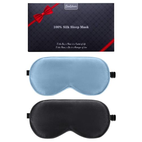 BeeVines Sleep Mask, 2 Pack 100% Real Natural Silk Eye Masks with Adjustable Strap for Sleeping, Mulberry Silk Eye Shade Cover, Blocks Light Reduces Puffy Eyes Traveling Gifts (Black & Pastel Blue)