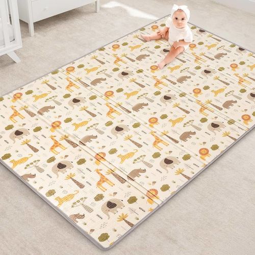 Reversible Baby Floor Mat (71x59x0.4in) -Foldable, Lightweight Foam Playmat for Babies & Toddlers - Waterproof, Easy Cleaning & Storage - Ideal for Indoor/Outdoor Play & Travel (Savannah)