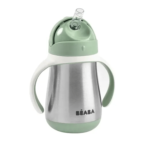 Beaba Stainless Steel Straw Sippy Cup, Insulated Toddler Cups Spill Proof with Removable Handles, Made with High Grade Stainless Steel, 8+ Months, 8.5 oz, (Sage)