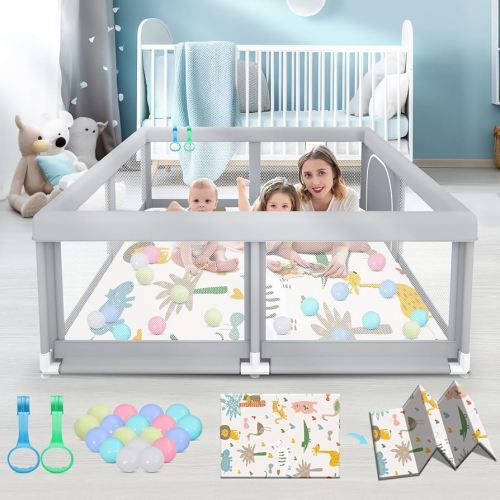 50" ×50" Baby Playpen with Mat, Baby Playard for Babies and Toddlers, Play Pens for Indoor & Outdoor, Sturdy Safety Play Yard with Soft Breathable Mesh, Anti-Fall, Ball x 18, Handle x 2, Grey