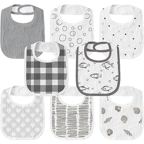GLLQUEN BABY Muslin Drool Bibs for Boys Girls 8 Pack, Adjustable Baby Bibs for Drooling and Teething, Soft Cotton Baby Bandana Bibs for Newborn Feeding Essentials(Fish)