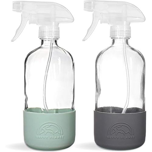 Glass Spray Bottles for Cleaning, Silicone Sleeve Bottom for Protection, Reusable Glass Spray Bottles 16 Oz With Adjustable Nozzle Settings (2 Pack)