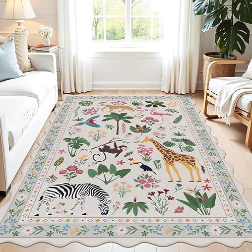 U'Artlines Jungle Animal Area Rug for Playroom,8x10 ft Washable Area Rugs,Non Slip Stain Resistant Large Carpet for Living Room,Soft Low Pile Animal Print Rug for Kids Nursery Classroom Dining Room