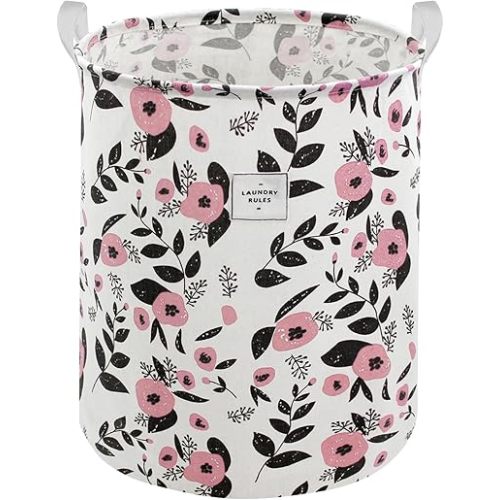 Mziart Cute Laundry Basket, Large Floral Laundry Hamper for Girls Kids Toys Collapsible Clothes Organizer Waterproof Foldable Baby Hamper for Nursery Dorm Fabric Storage Basket Bin with Handles (Pink)