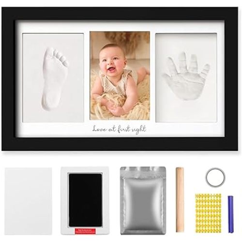 Baby Hand and Footprint Kit, Baby Keepsake Frame for New Mom Shower Gifts, Personalized Inkless & Clay Handprint Newborn Essentials Must Haves, Nursery Decor Picture Frame for Boys Girls (Black)