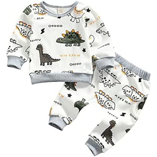 Ledy Champswiin 2pcs Winter Newborn Baby Boy Clothes Infant Dinosaur Print Outfit Ribbed Long Sleeve Tops Pants Set