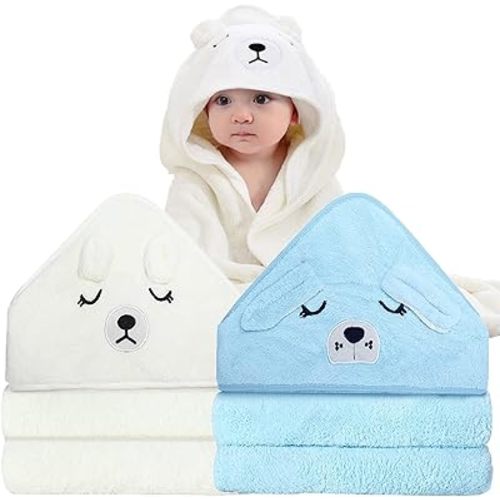 2 Pack Hooded Baby Towel - Premium Soft Bath Towel for Bathtub for Babie, Newborn, Infant - Ultra Absorbent, Natural Baby Stuff Towel for Boy and Girl (White & Blue)