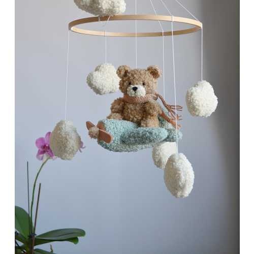 Mobile Teddy Bear from Boucle on an Airplane Boucle Clouds, Airplane Neutral Gender Mobile Children&#39;s Decor boucle Mobile Clouds Brown Bear